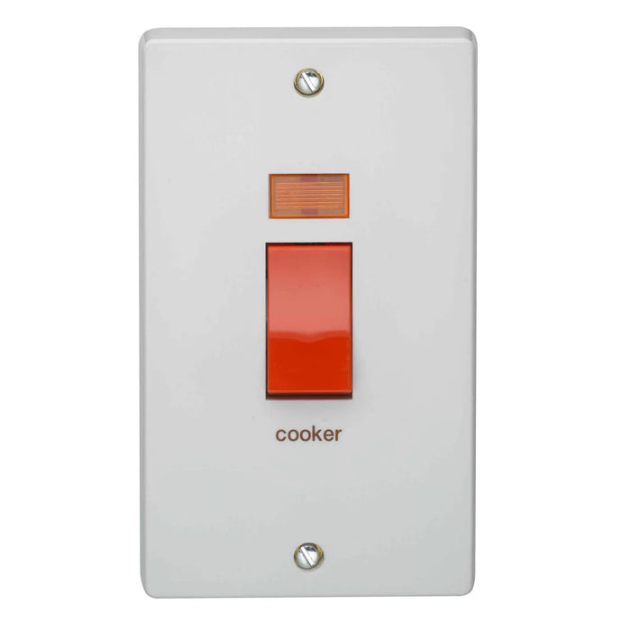 Crabtree 50A 2 Gang Double Pole Switch With Neon Printed 'Cooker'