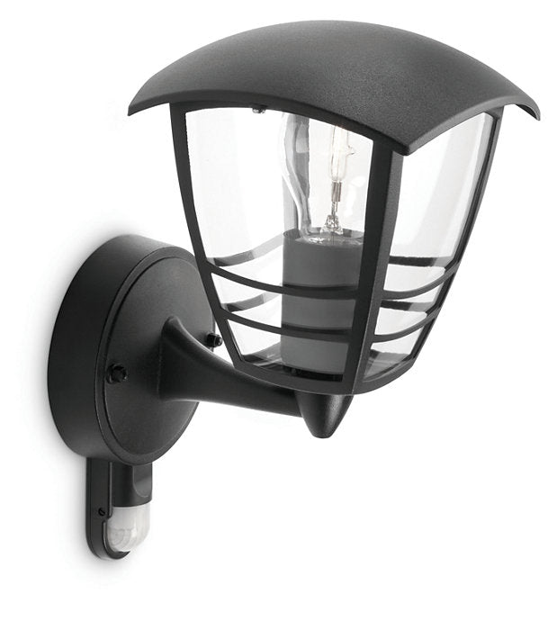 Philips Creek 1x60W 230V Up Outdoor Wall Lantern Black with PIR Sensor