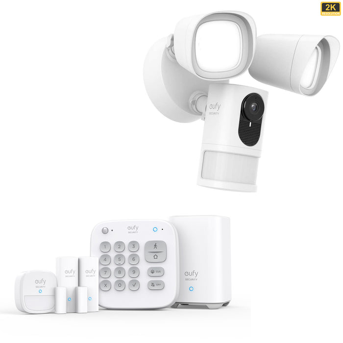 Eufy 2K Floodlight Camera - White & Eufy 5 Piece Alarm Security Kit