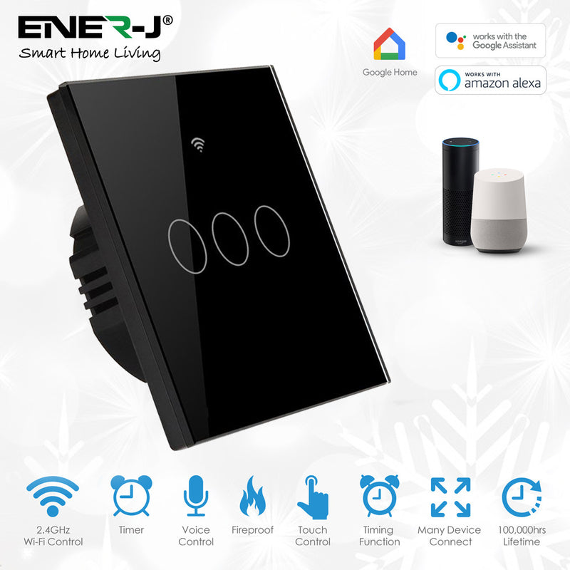 Ener-J WiFi Smart 3 Gang Touch Switch, Black (No Neutral Required)