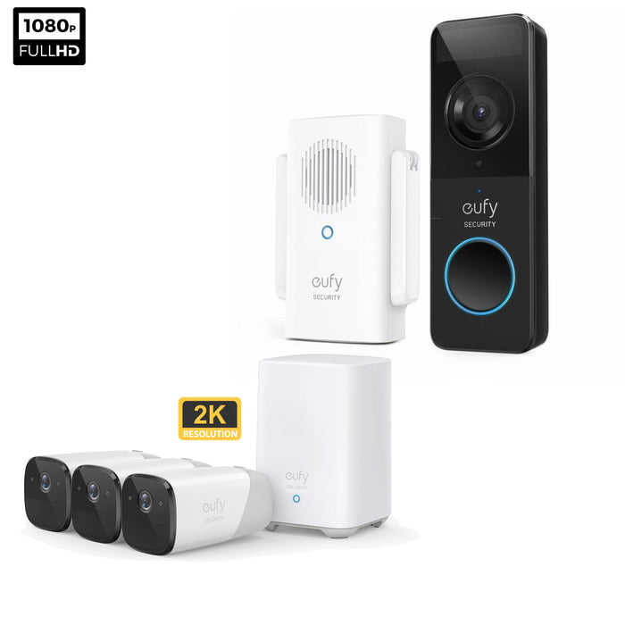 Eufy Battery Doorbell Slim 1080p Black & EufyCam 2 Pro - 3 Cam Kit with HomeBase 2